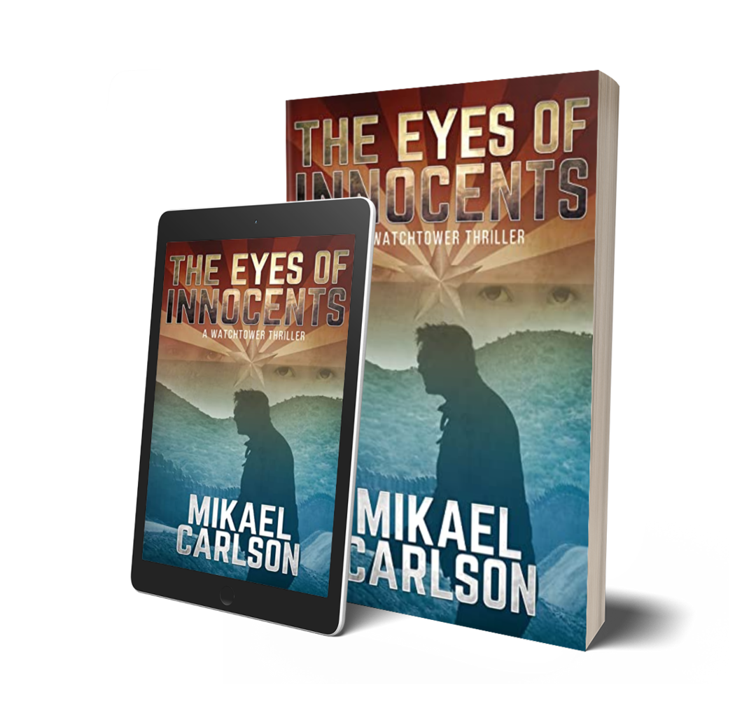 Book cover and eBook of 'The Eyes of Innocents' by Mikael Carlson with a background of mountains, a silhouette of a man, and a faint pair of eyes at the top.