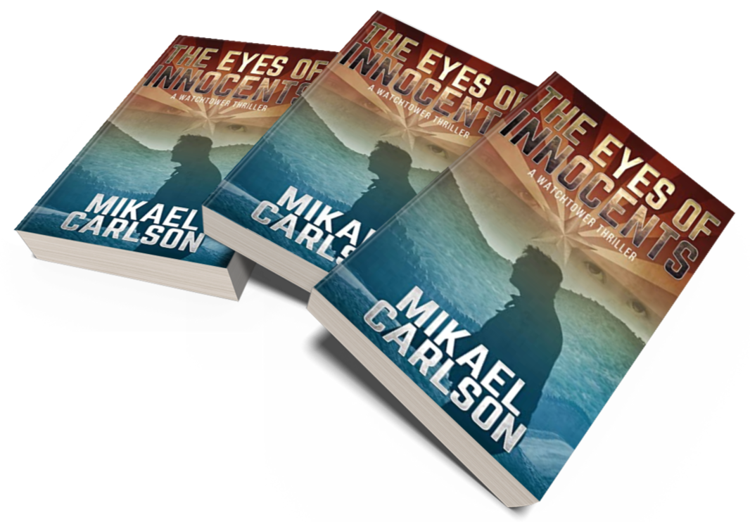 Three copies of a novel titled "The Eyes of Innocents" by Mikael Carlson, with a cover featuring a silhouette of a person against a sunset over mountains and water.