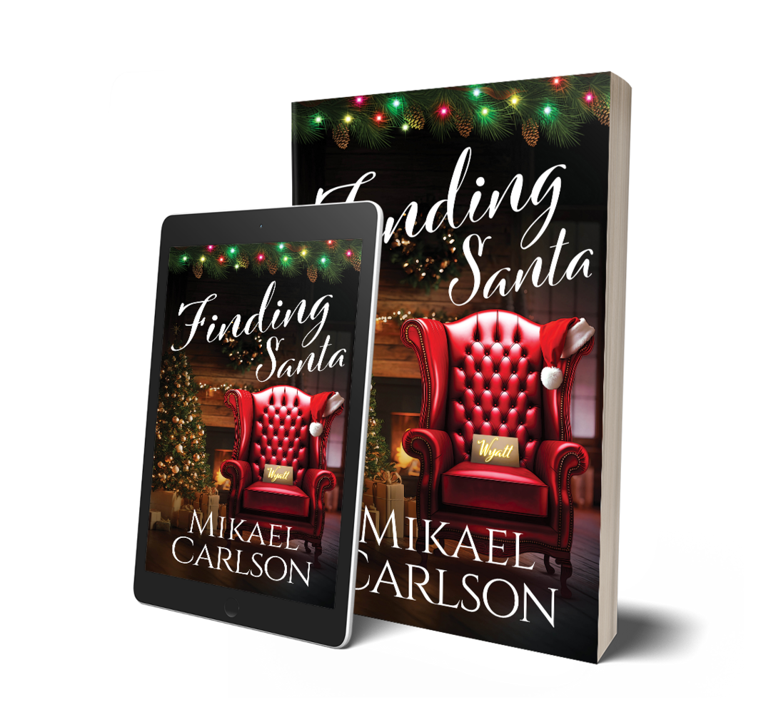 Digital and physical copies of a book titled "Finding Santa" by Mikael Carlson featuring a Christmas scene with decorated tree, pine branches, colorful lights, and a red armchair with a Santa hat and a custom pillow with the name "Wyatt" in a cozy fireplace setting.