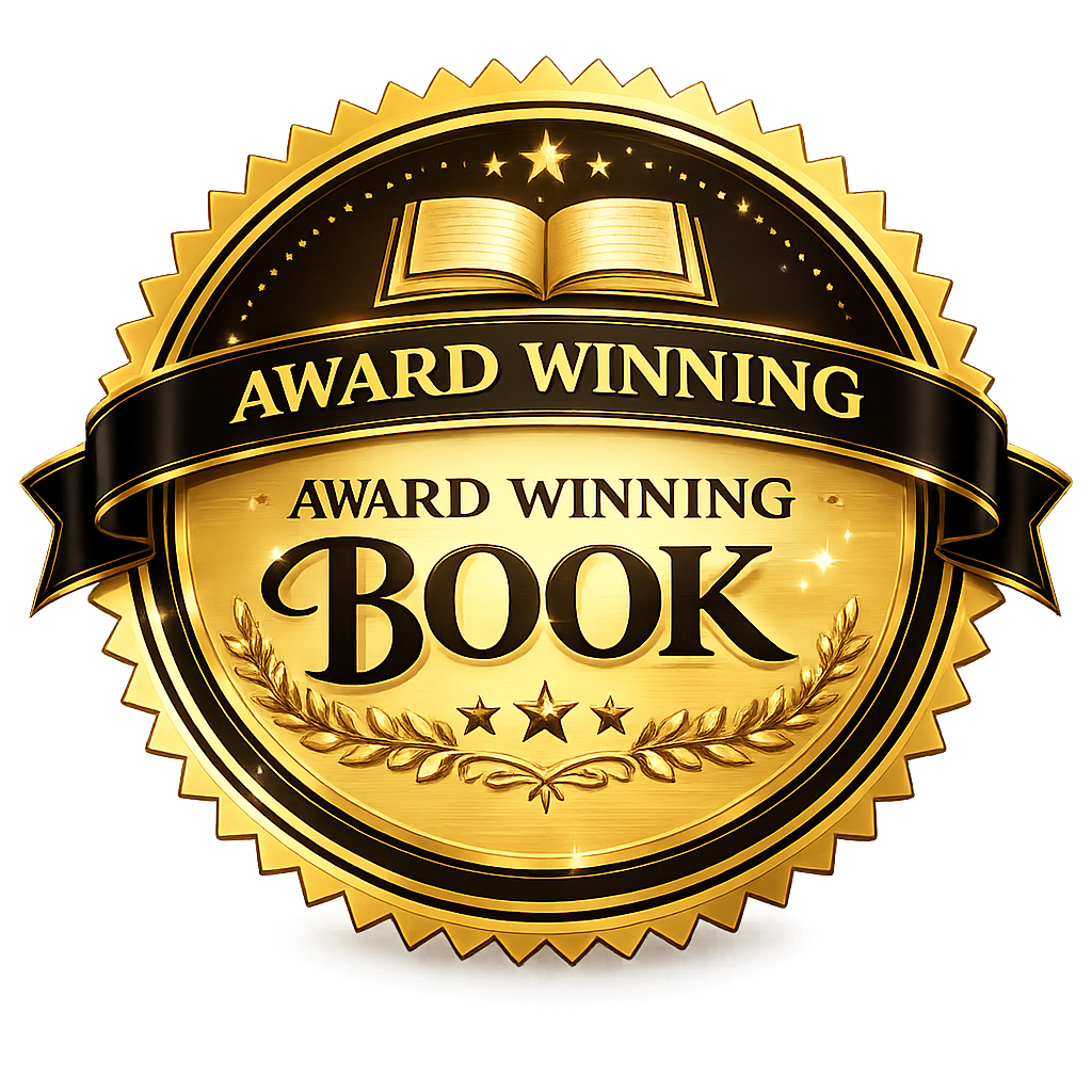 Gold award badge with the text "Award Winning Book" and an open book icon at the top.