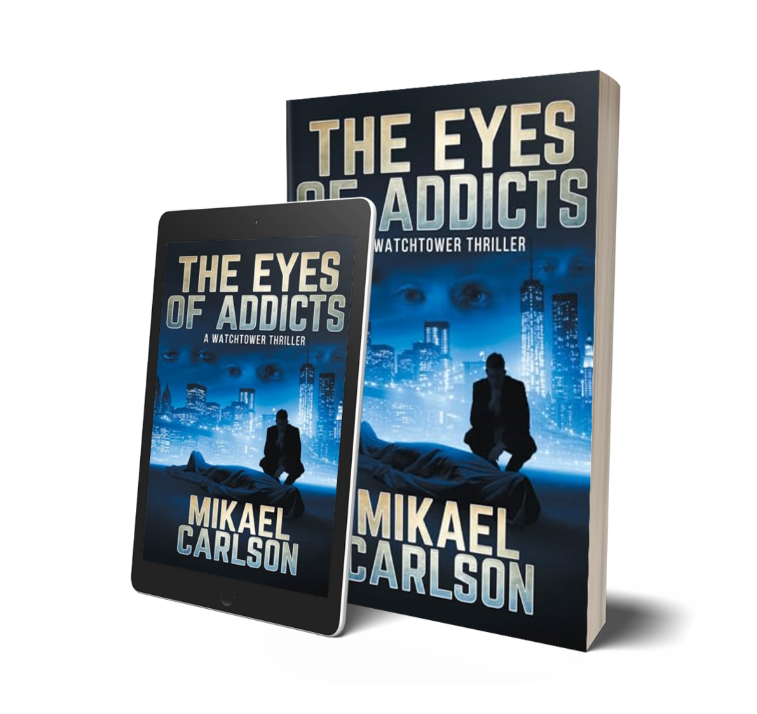 Cover image of the book 'The Eyes of Addicts' by Mikael Carlson, showing a city skyline at night with a silhouette of a person kneeling beside a person lying on the ground, and a ghostly face in the sky.