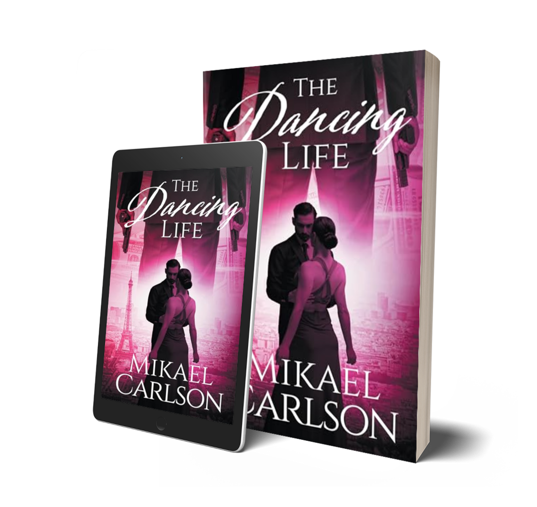 A digital tablet and printed book titled "The Dancing Life" by Mikael Carlson, featuring a romantic couple dancing with the Eiffel Tower in the background a pink and purple color scheme.
