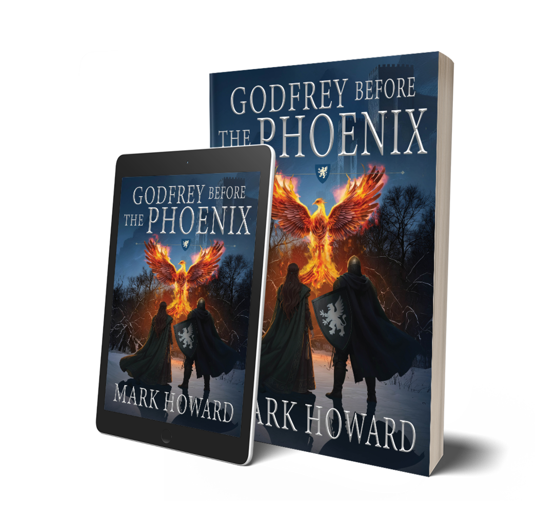 A hardcover and a tablet screen displaying the book cover for 'Godfrey Before the Phoenix' by Mark Howard, featuring a fiery phoenix and two characters in a snowy forest.