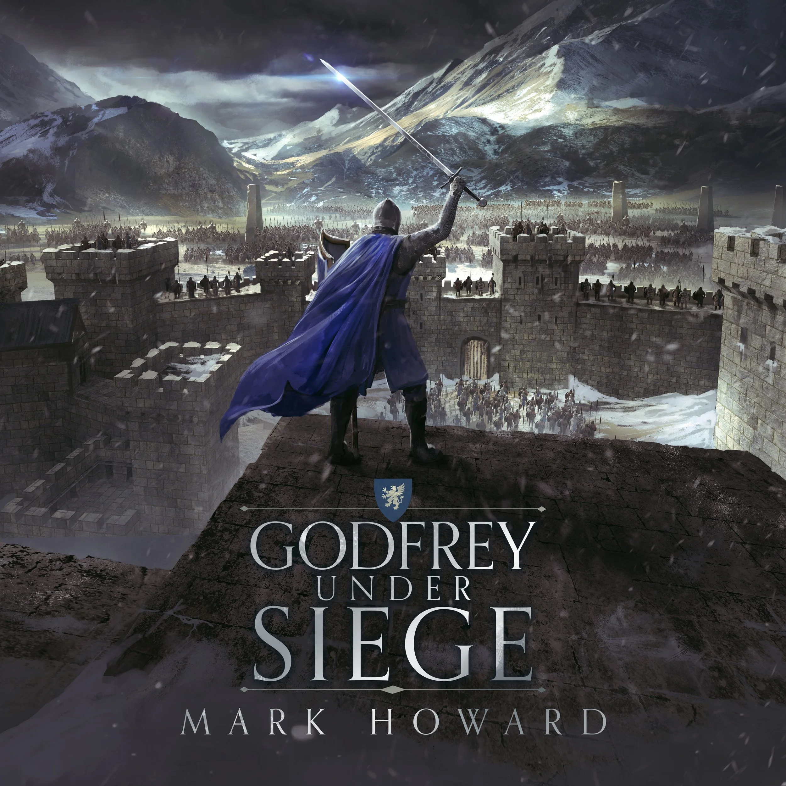 A medieval soldier on a castle wall overlooking a snowy battlefield with a castle and mountains in the background, promoting the book 'Godfrey Under Siege' by Mark Howard.