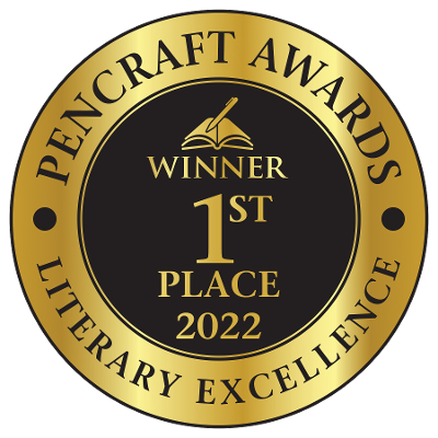 Gold and black circular badge for the Pencraft Awards 2022, indicating first place for literary excellence.