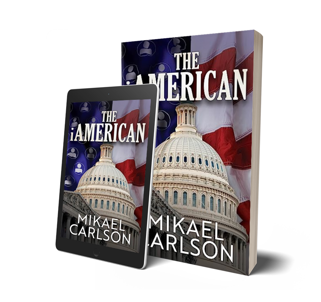 A book and a tablet displaying the cover design of a book titled 'The American' by Mikael Carlson. The cover features the United States Capitol building, an American flag, and a background pattern of social media icons.