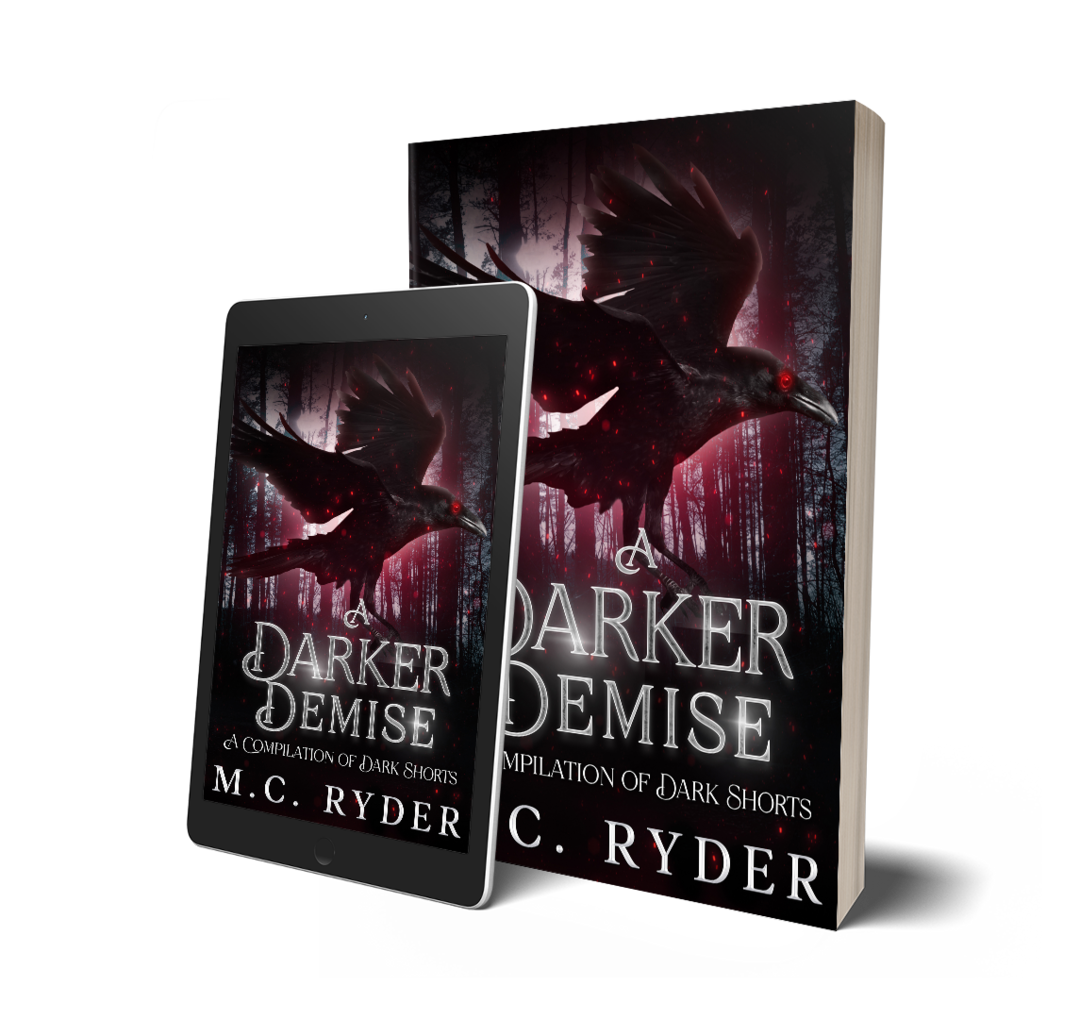 Book cover titled "A Darker Demise" featuring a dark forest background and a black bird with red eyes flying.