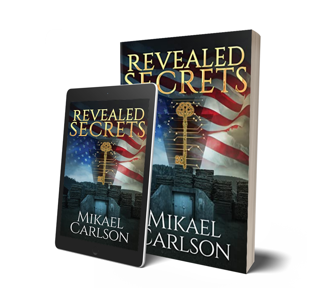 A 3D book and tablet display the cover of the book titled 'Revealed Secrets' by Mikael Carlson. The cover features a large golden key, an American flag, and a background of stacked books and a mountain landscape.