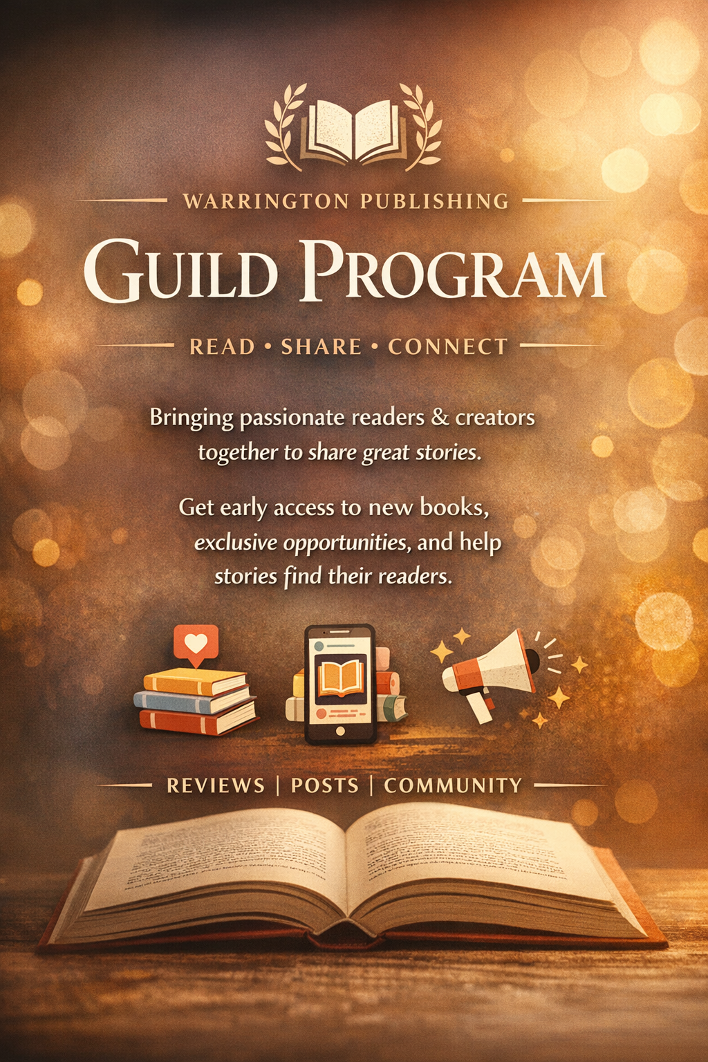 An advertisement for Warrington Publishing's Guild Program showing an open book, books with a heart icon, a smartphone with a book app, a megaphone, and text about sharing great stories and connecting readers and creators.