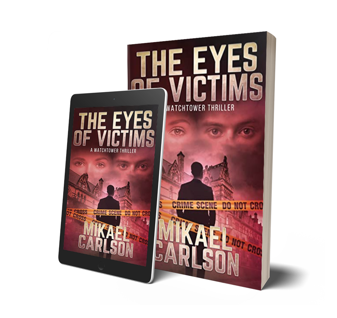 A 3D rendering of a book and a tablet displaying the same cover. The book is titled 'The Eyes of Victims' by Mikael Carlson, featuring a silhouette of a person, a cityscape, eyes in the background, and police tape reading 'Crime Scene Do Not Cross'.