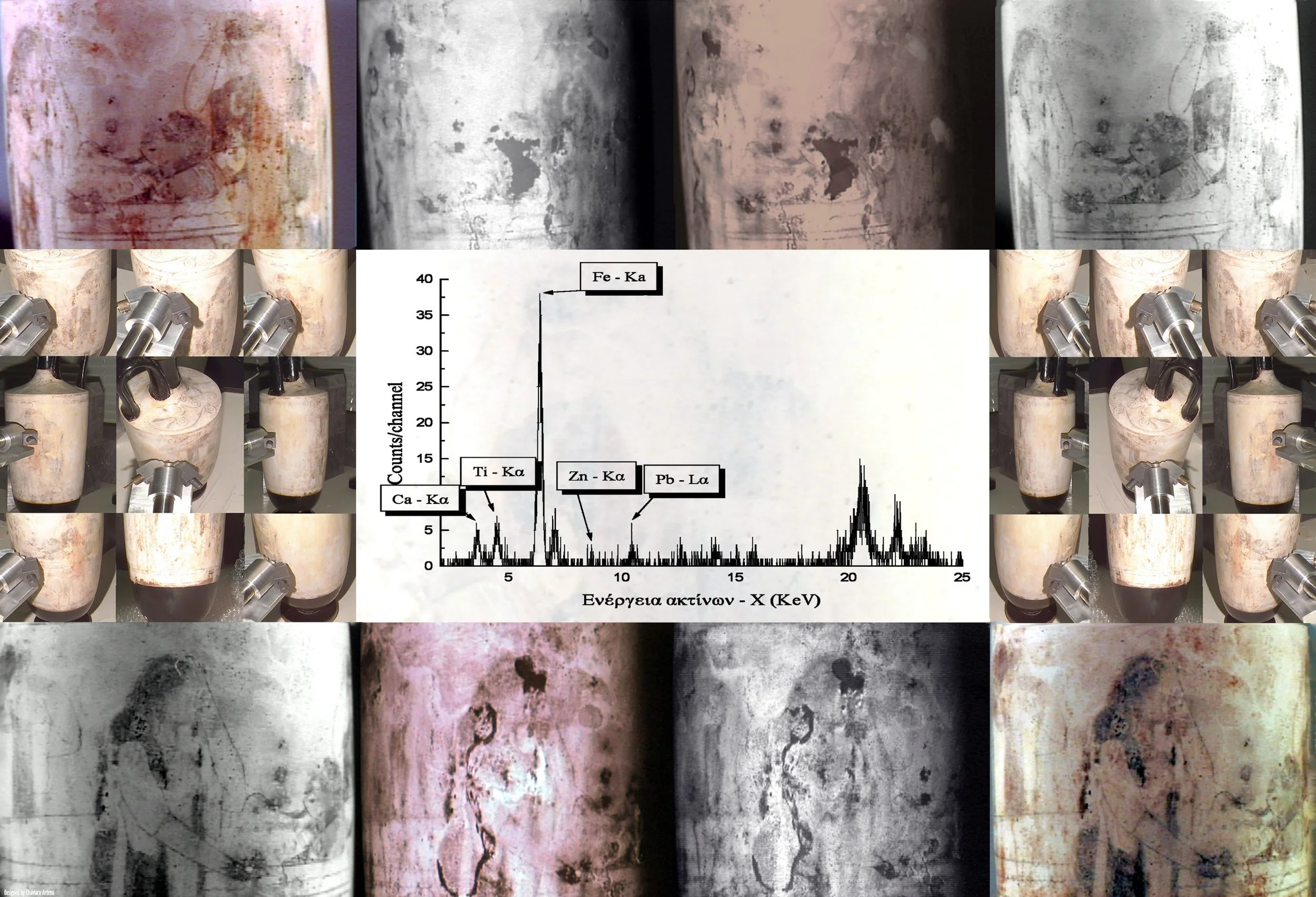 A collage of scientific images and charts related to material analysis. The top row shows images of a surface with traces of rust and stains under different lighting. The middle row displays images of cylindrical ceramic or stone artifacts with metallic attachments. The center features a graph illustrating energy peaks for elements like calcium, titanium, iron, zinc, and lead, with labels indicating their spectral peaks. The bottom row presents black-and-white images of similar artifacts with markings or damage.
