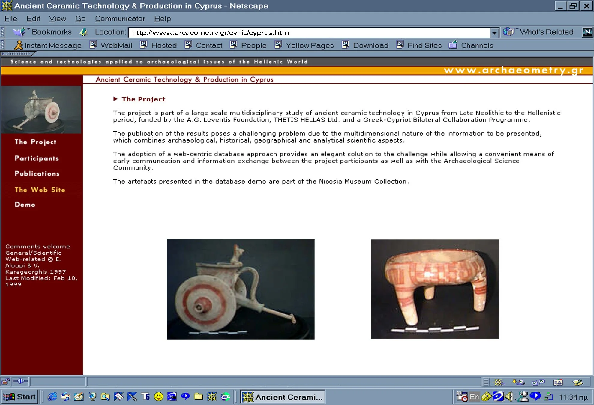 Screenshots of an old web page titled 'Ancient Ceramic Technology & Production in Cyprus' displaying two images of ancient ceramic artifacts. The left artifact appears to be a vessel with a wheel-shaped base and a handle, colored in light cream with red decorative patterns. The right artifact is a small, three-legged vessel with a flat, round top and a body decorated with red and white checkered or striped patterns.