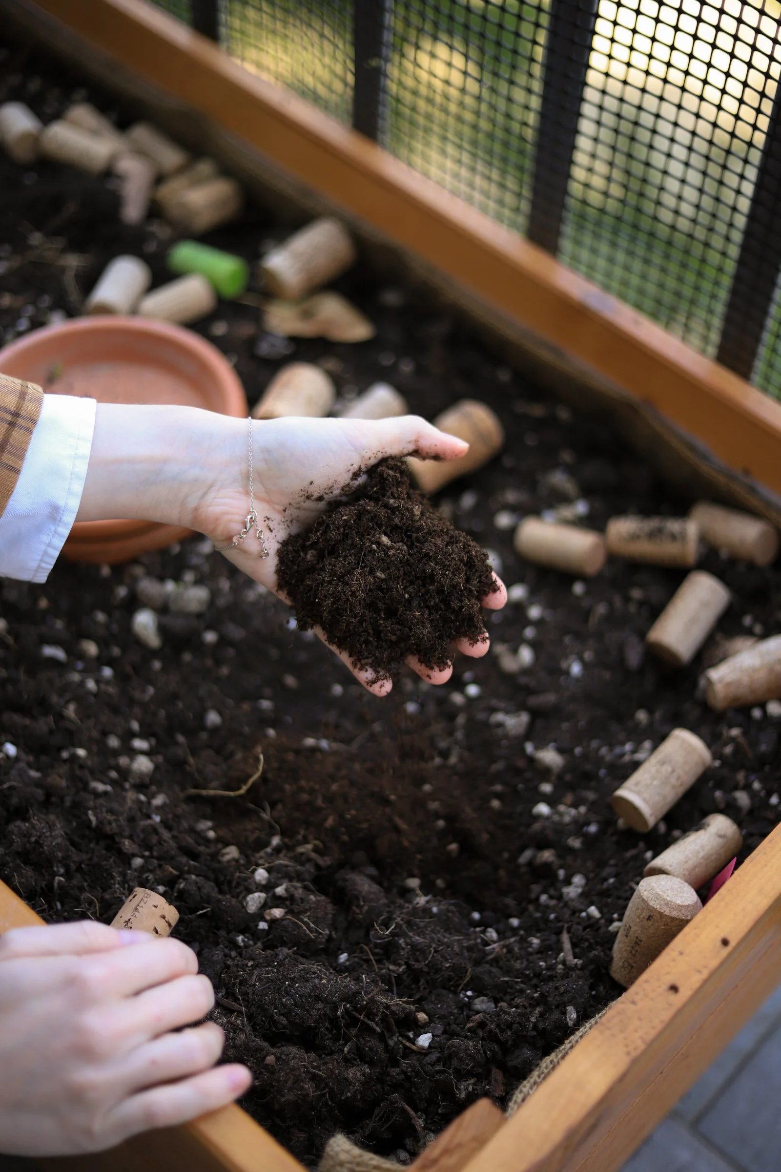 Mano che tiene una manciata di terreno fresco