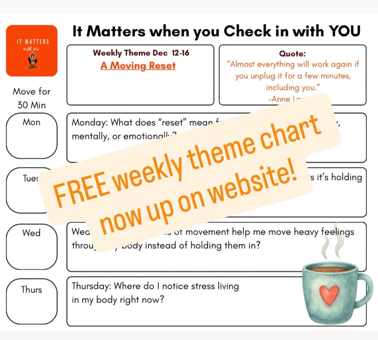 This week&rsquo;s theme is A Moving Reset 🌿

When the world feels heavy, loud, or overwhelming, our nervous systems are often stuck on high alert. This week isn&rsquo;t about pushing harder or &ldquo;burning it off.&rdquo; It&rsquo;s about using int