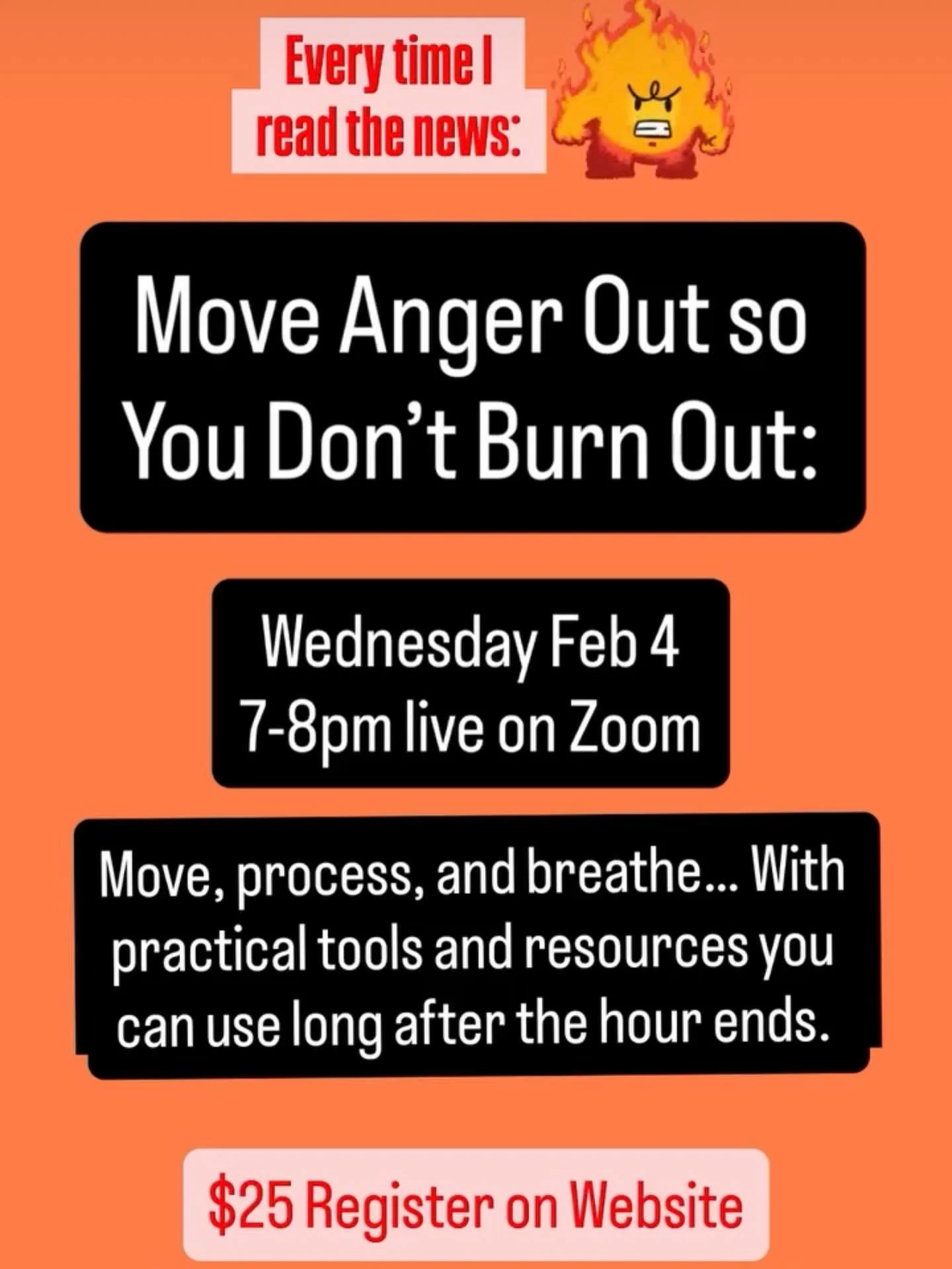 🔥Anger makes sense right now. You don&rsquo;t have to hold it alone. 

This Wednesday we&rsquo;re creating a safe, grounded space to move anger through the body so it doesn&rsquo;t turn into burnout, anxiety, or shut-down.

We&rsquo;ll move.
We&rsqu