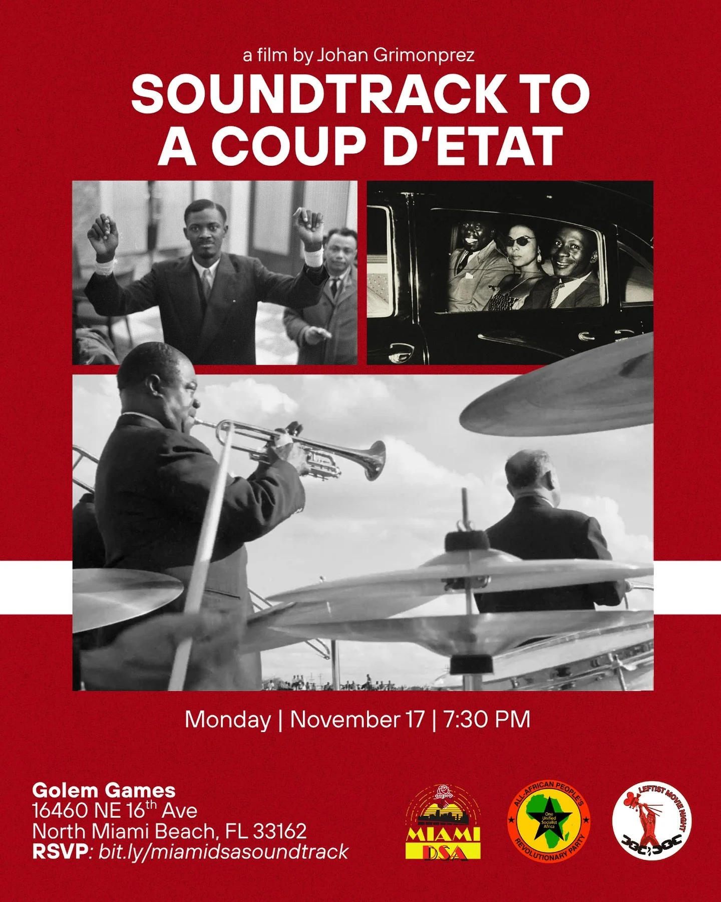 Hello, dear comrades! 🌹 🎺 🎼 

This month&rsquo;s Leftist Movie Night is screening one of the best leftist documentaries of the decade: SOUNDTRACK TO A COUP D&rsquo;ETAT, directed by Johan Grimonprez. This event is a collaboration with the @aappflo