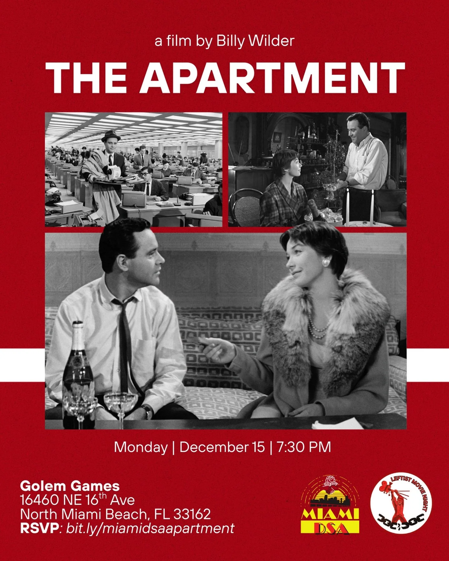 Happy holidays, dear comrades! 🌹 ❄️ 

We are closing this year&rsquo;s Leftist Movie Night cycle with a beloved Christmas classic and one of the best movies ever made: THE APARTMENT, directed by the great Billy Wilder. 

Insurance worker C.C. Baxter