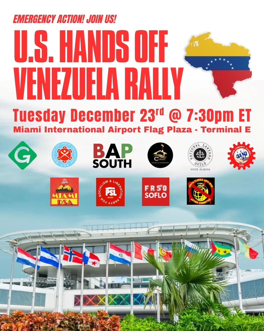 Come rally with us to demand U.S. hands off Venezuela and our immigrant families! South Florida stands against U.S. threats to Venezuela&rsquo;s sovereignty abroad and the terror inflicted by I.C.E upon our immigrant community at home. 

Meet us at t