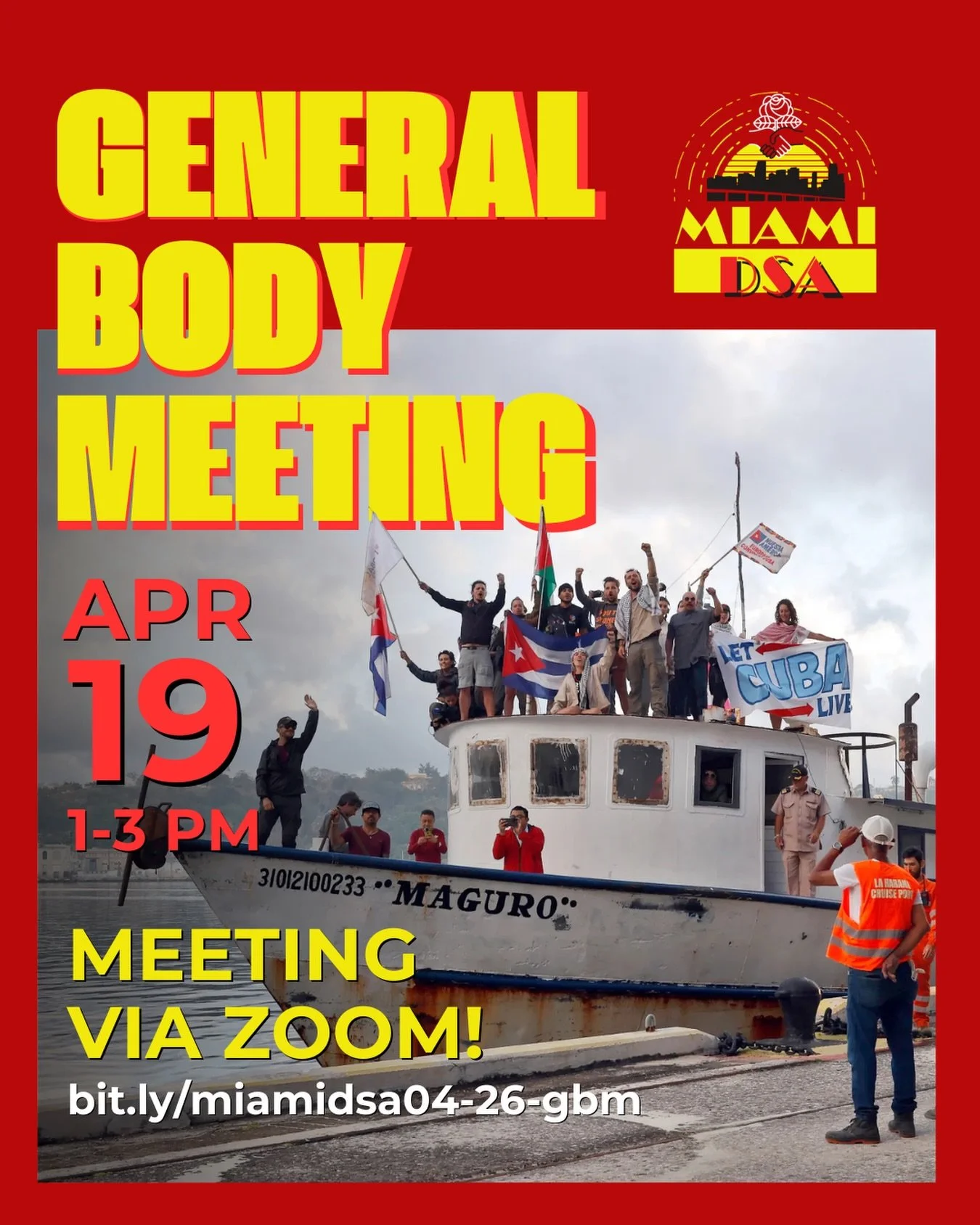 Join Miami DSA THIS SUNDAY (4/19) at 1:00 PM on Zoom ONLY for our April General Body Meeting! We will be debriefing from the first two months of our &ldquo;ICE Out of Miami&rdquo; priority campaign and debate resolutions submitted by members.

Please