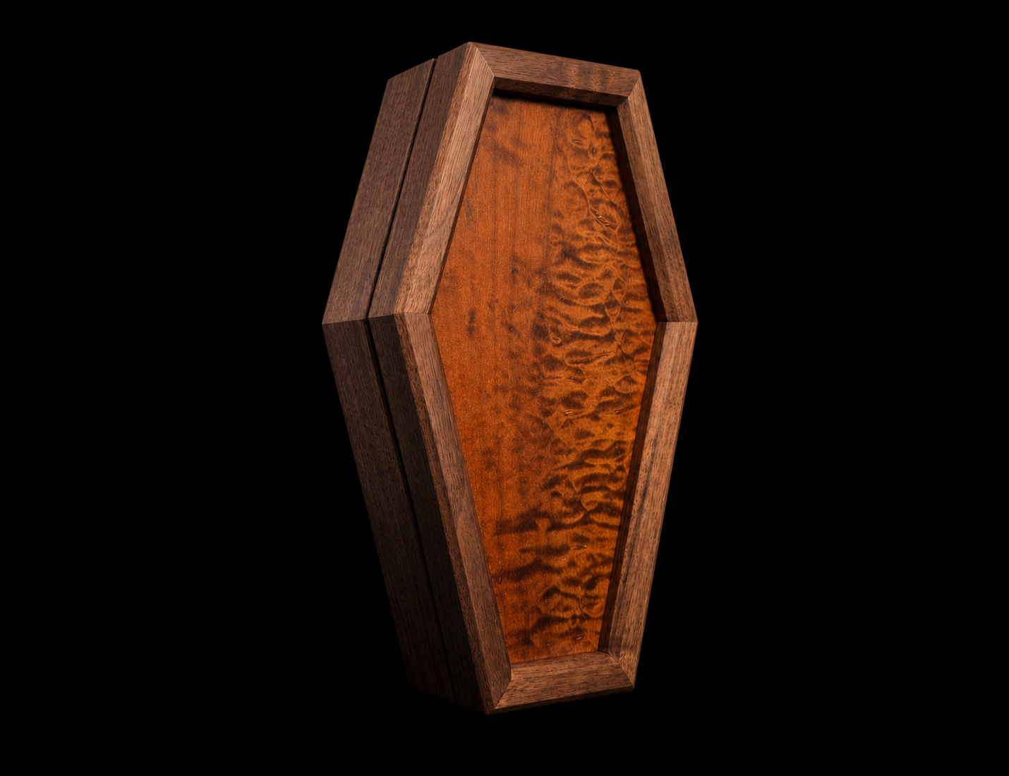 A closed wooden coffin with a hexagonal shape and a richly textured woodgrain surface, set against a black background.