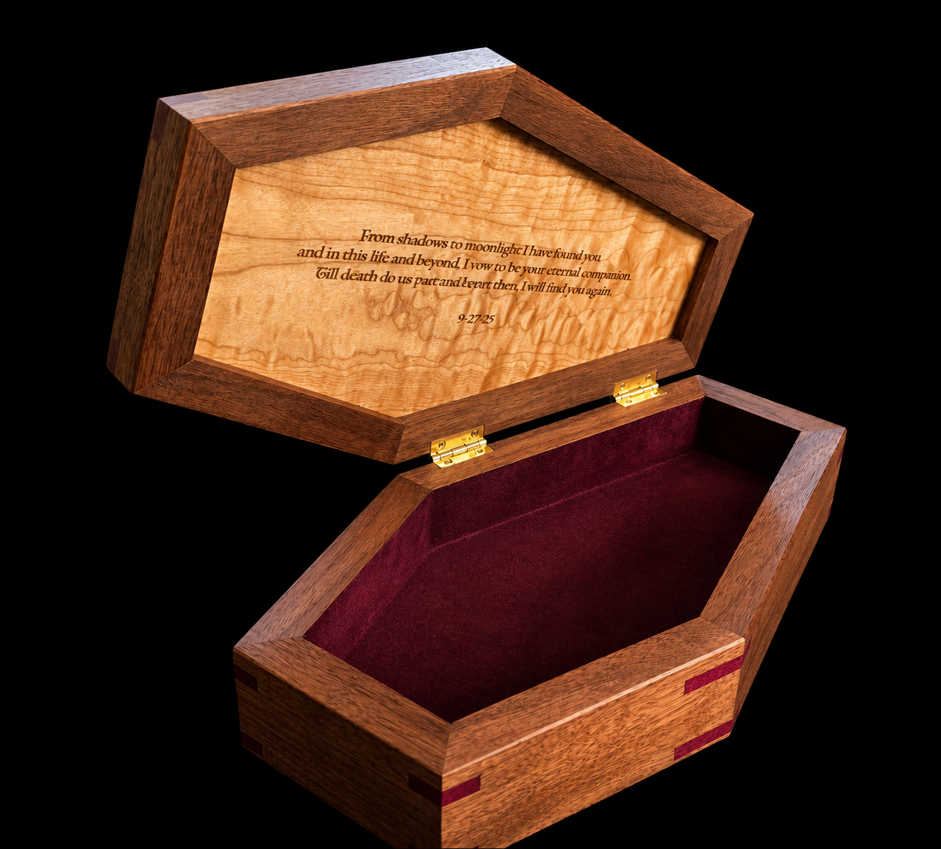 Open wooden jewelry or keepsake box with a maroon velvet bottom and a handwritten poem inside the lid.