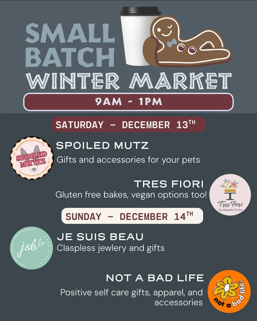 🎄🎁 We have another Small Batch Market this weekend with a round of new faces!! 🎁 🎄
Come on down! 

Saturday 12/13
🐶 @spoiledmuttz 
🧁 @tresfiori 

Sunday 12/14
💎 @jesuisbeau74 
😀 @notabadlifeee 

- - - - - - - - - - - - - - - - - - 
#EllieAndB