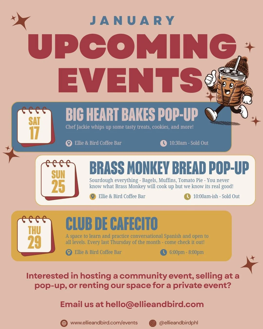✨ January at Ellie &amp; Bird ✨
We&rsquo;re kicking off the new year with good bread, sweet treats, and space to connect 

🍪 Sat 1/17 &mdash; @bigheart_bakes  Pop-Up 
Chef Jackie bringing cookies, treats, and all the cozy vibes (come early!)

🥯 Sun