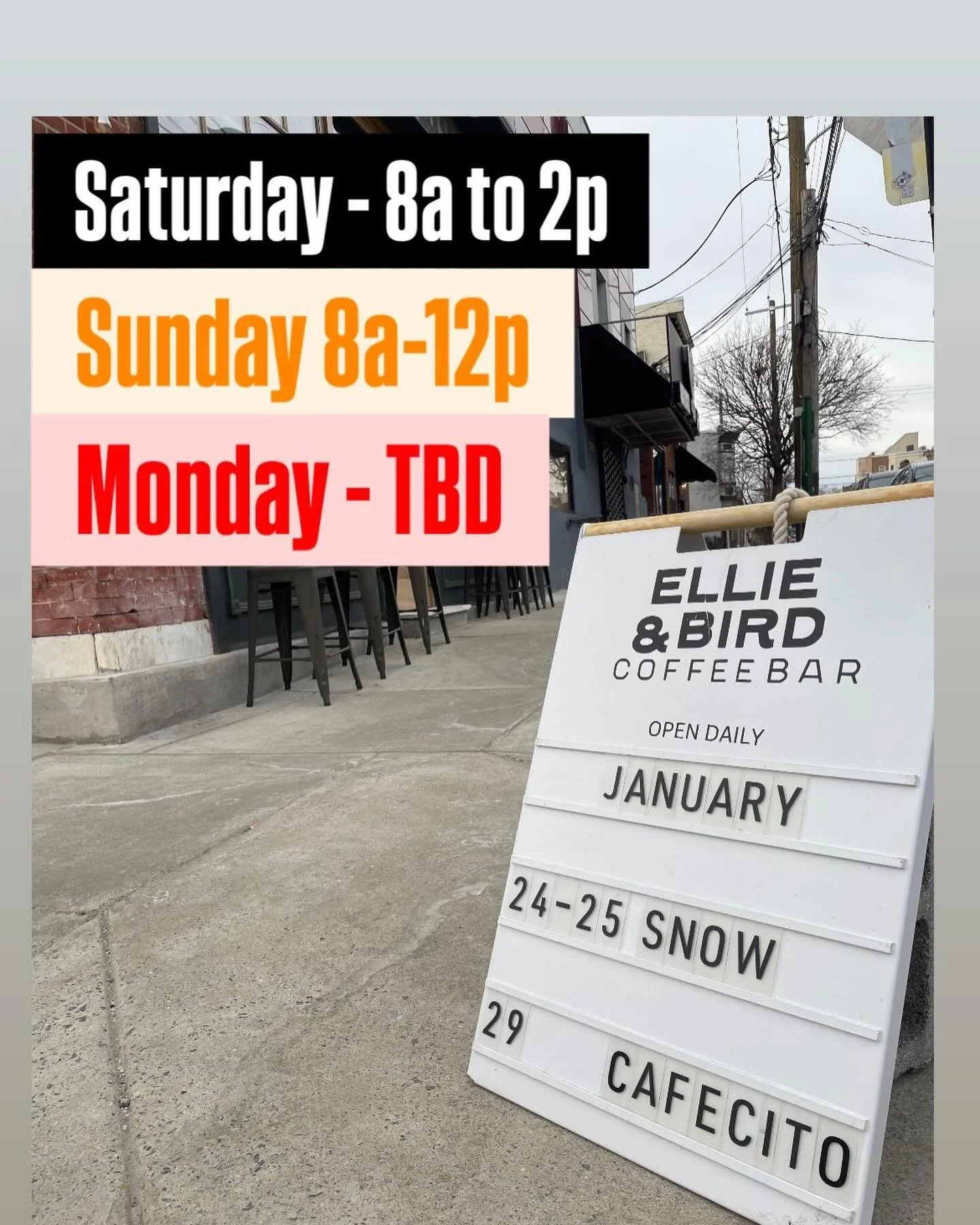 Weekend hours. Check back for updates. Stay warm. Be cool 😎 ⛄️