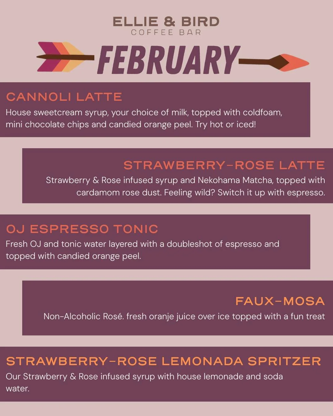 February is tasting real good over here.

Cannoli Latte ✨
Strawberry&ndash;Rose Latte 🌹
OJ Espresso Tonic 🍊
Faux-Mosa 🥂
Strawberry&ndash;Rose Lemonada Spritzer 💕

#philadelphiacoffee 
#phillycoffee 
#localcoffee 
#bestcoffeephilly 
#phillysmallbu
