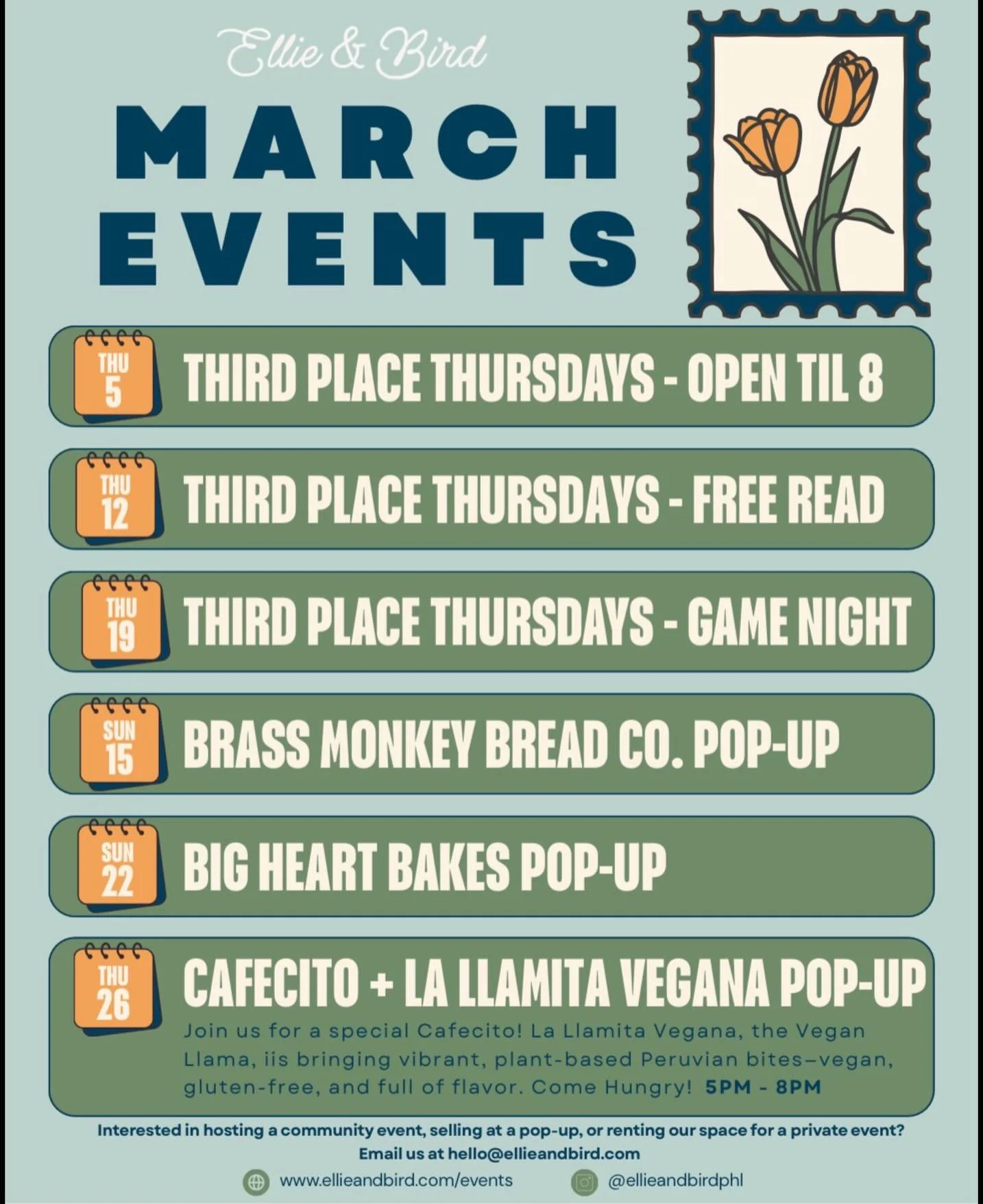 🌿☕️ March at Ellie &amp; Bird 🌿☕️
Longer days, good bread, game nights, and a very special Cafecito.

Here&rsquo;s what&rsquo;s coming up:

&bull; Thu 3/5 &ndash; Third Place Thursdays (Open &rsquo;til 8)
&bull; Thu 3/12 &ndash; Third Place Thursda
