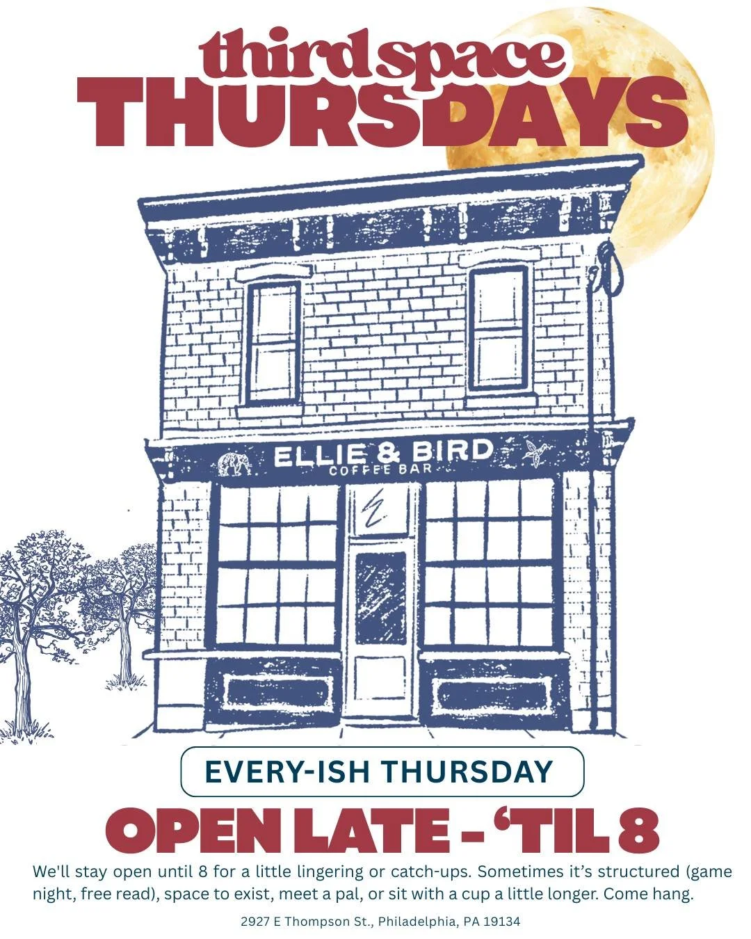☕️Introducing Third Space Thursdays ☕️

No need to mark your calendars, unless you really want to. We&rsquo;re open late every Thursday until 8.

No pressure, no agenda (unless we say so). Just room to gather.

A place between work and home.
Bring a 