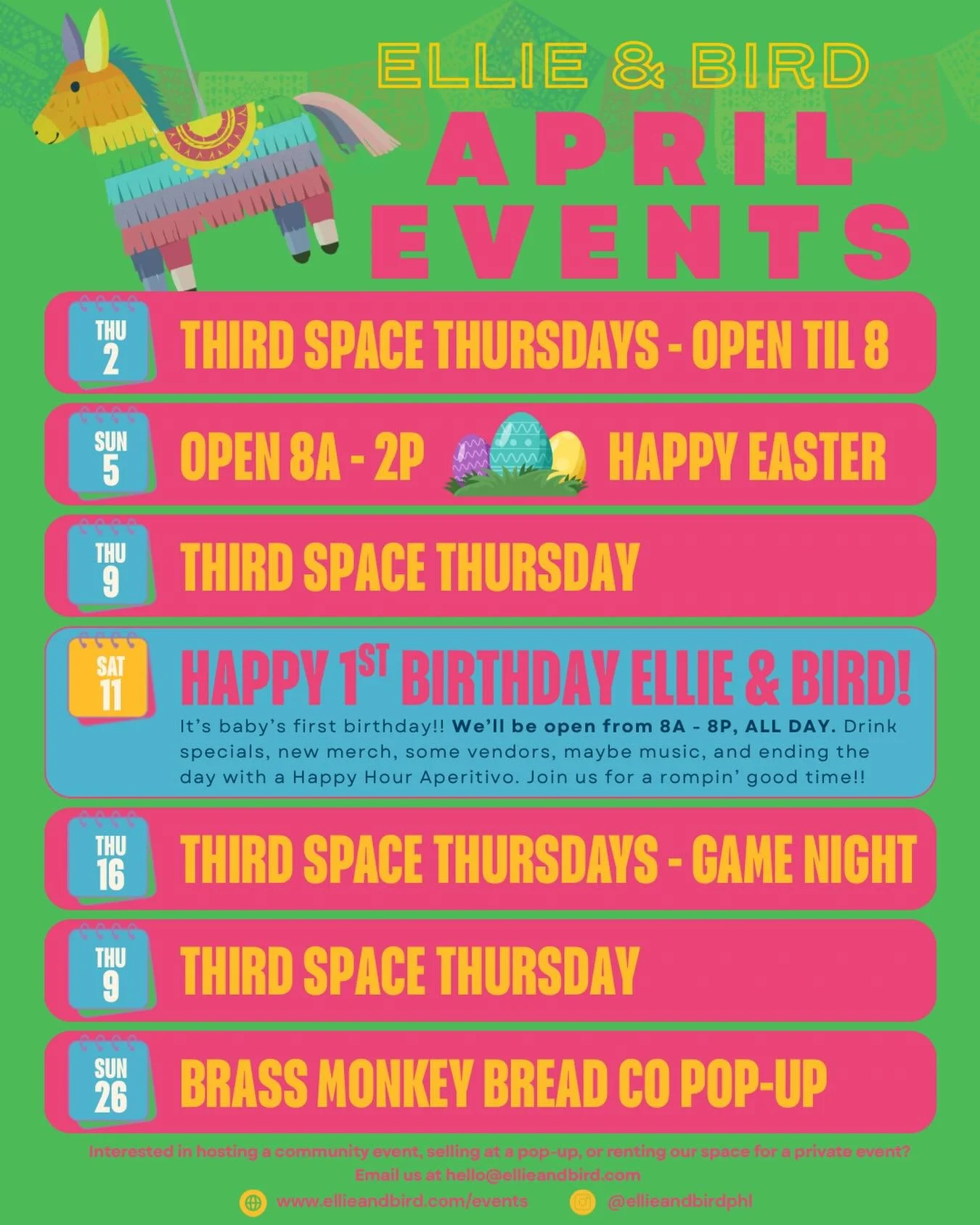 APRIL AT ELLIE &amp; BIRD 💛

We&rsquo;re leaning all the way into longer days, good hangs, and giving you more reasons to be here.

Third Space Thursdays are still going strong
&rarr; open late - till 8, come exist with us
&rarr; sometimes chill, so