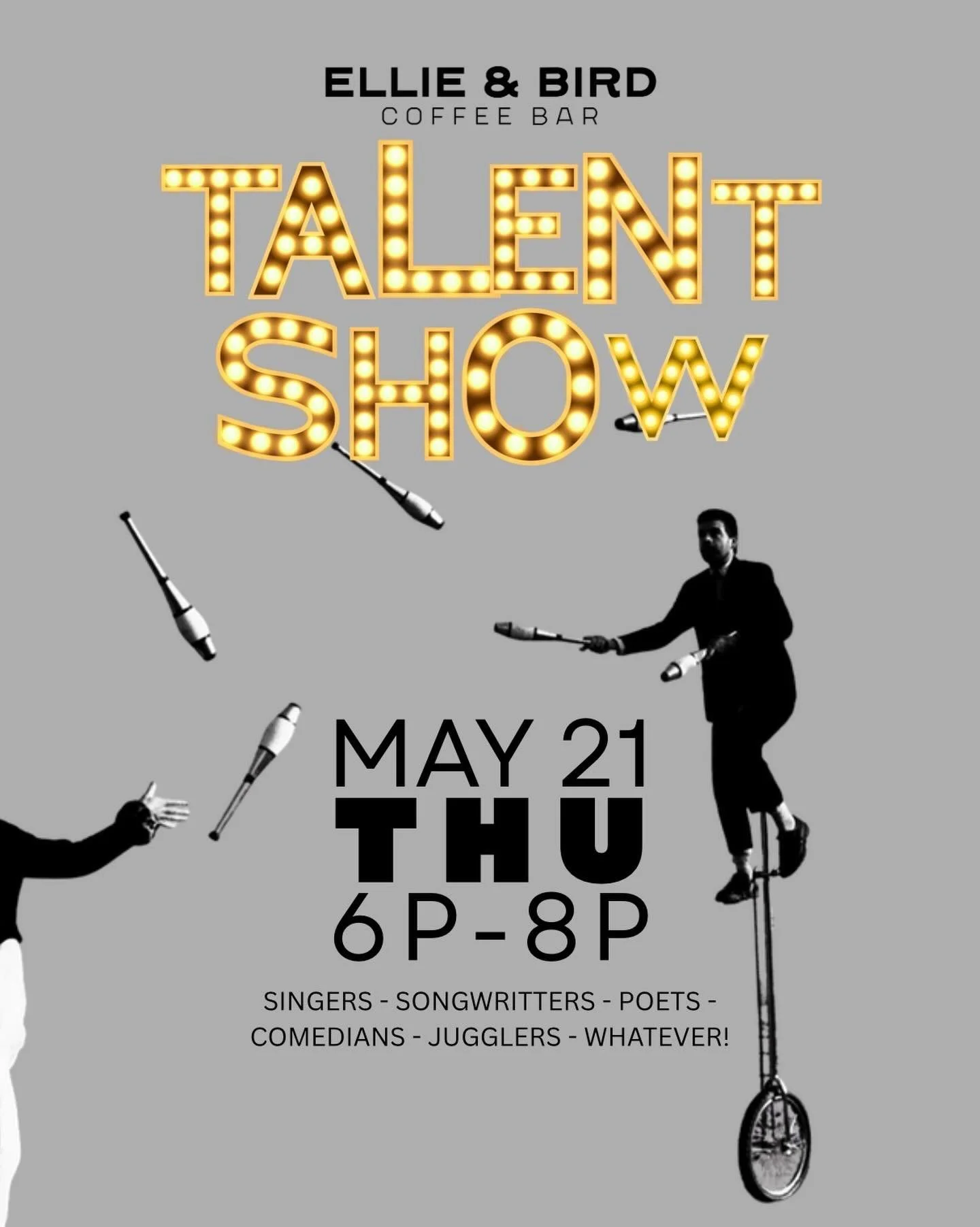 🎵 Talent Show night at Ellie &amp; Bird ✨

Thursday | May 21 | 6&ndash;8PM
Singers, poets, comedians, jugglers. Whatever you&rsquo;ve got, we want it 🎤

Signup form in our Linktree - link in bio
Come perform, come cheer, come hang 💛