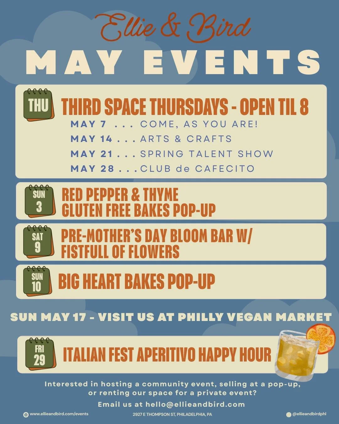 May is bringing those pre-summer feels 🌿✨

Third Space Thursdays are back (open &lsquo;til 8!) + a full lineup of pop-ups, blooms, bakes, and a little aperitivo moment to close it out 🍊

Come hang, create, sip, and be in community with us 💛

#elli