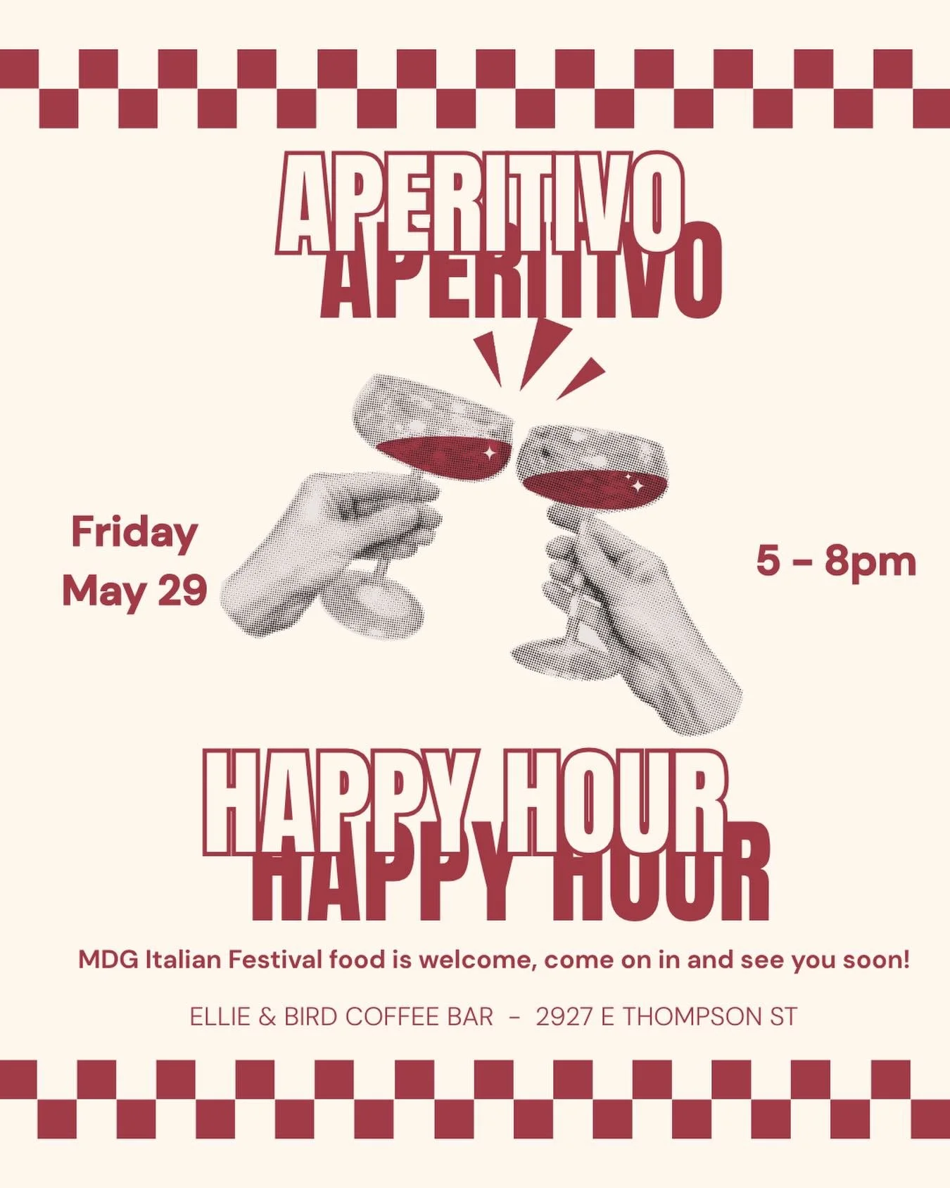 It's that time of year again! It's the MDG Italian Festival and we'll be hosting our Aperitivo Happy Hour this Friday from 5-8p! Great cocktails, even greater company. 

Stop by the Italian festival and grab a plate before you head over, hey, bring i