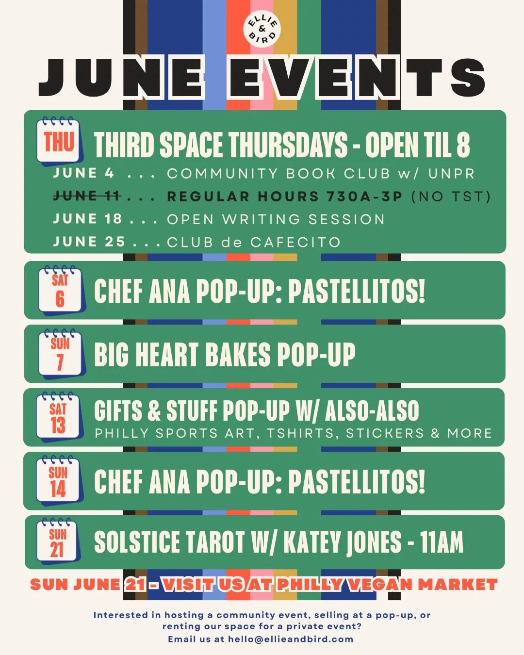 June is packed with community, creativity, and good coffee ☕️🏳️&zwj;🌈🔮📝🥟🍪

Join us for Third Space Thursdays, pop-ups from some amazing local makers and bakers, a summer solstice tarot gathering, and more. Whether you&rsquo;re looking to connec
