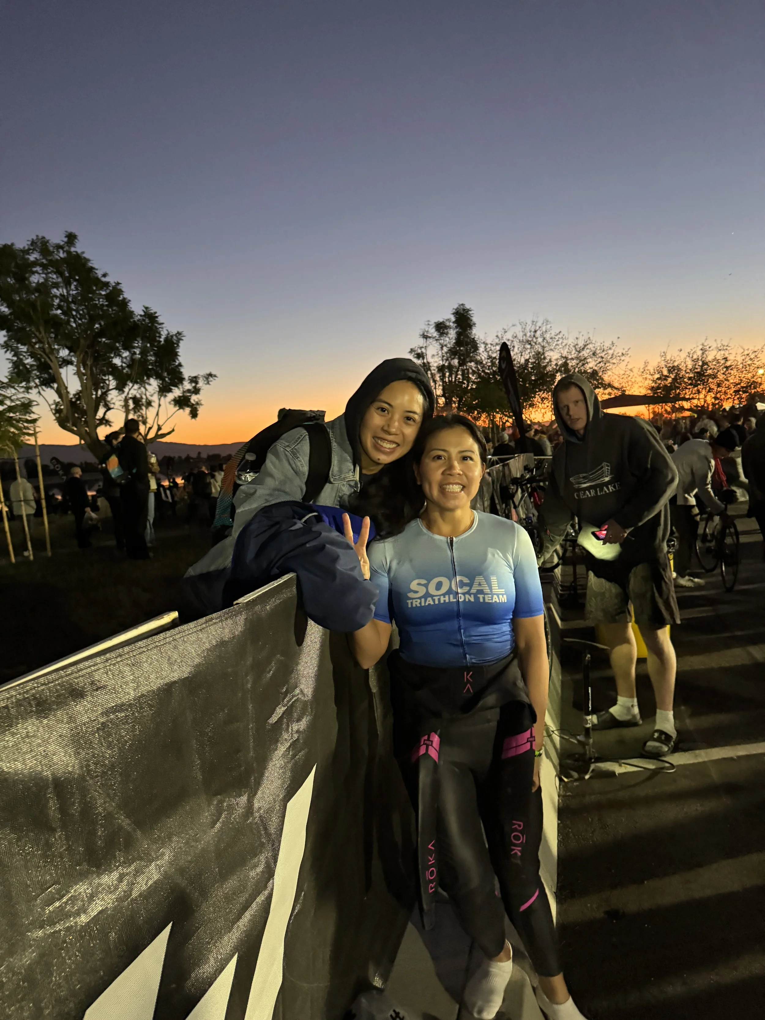 Photo of Triathlon Team from Irvine, Orange County - Jessica and Tammy at swim start at Ironman La Quinta 70.3