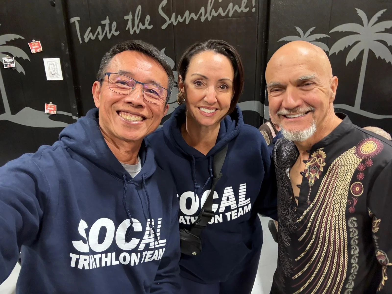 Photo of Triathlon Team from Irvine, Orange County - Lisa, Kuan and Rich partying at Ironman La Quinta 70.3