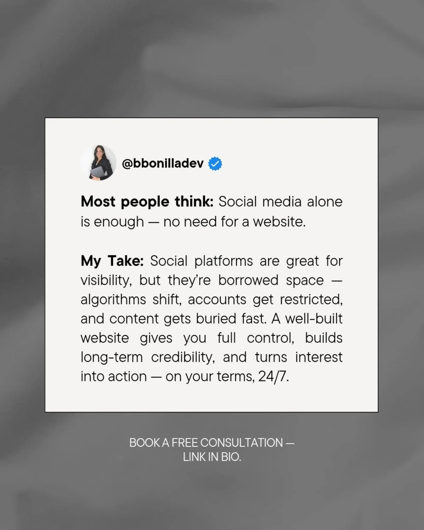 👀 Relying only on social media? You might be building your business on borrowed ground.
Your website is your digital home — a place where you set the rules, build trust, and convert interest into real results. Let’s move from just being