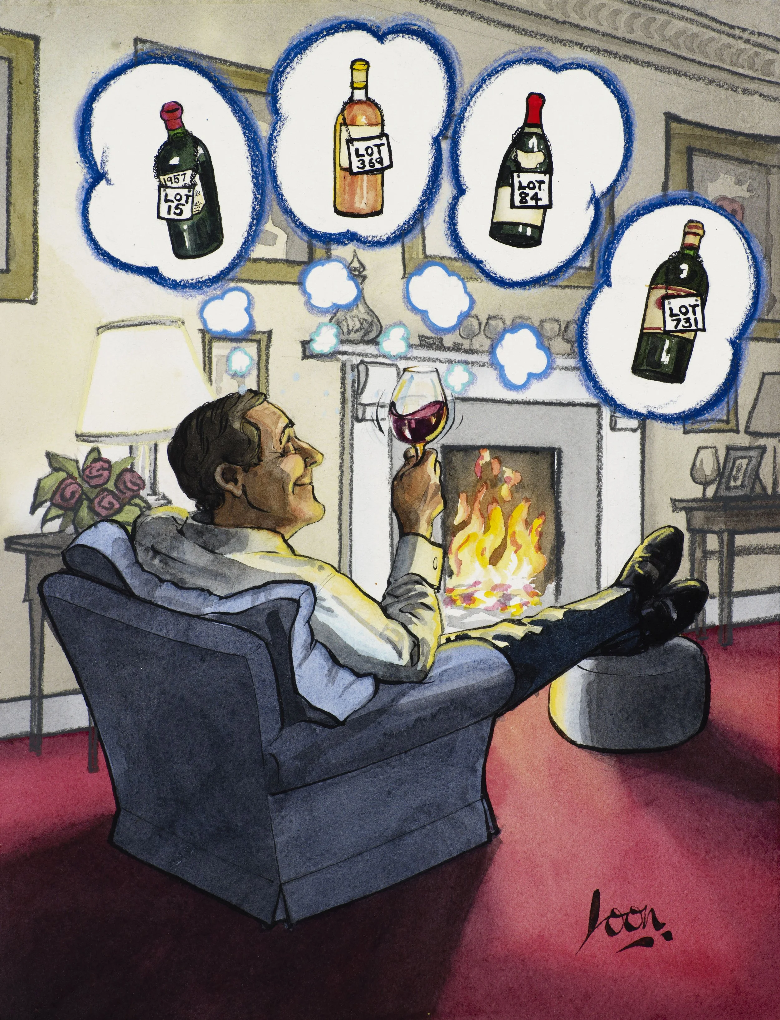 A man sitting comfortably in a living room, holding a glass of red wine while contemplating different bottles of wine with auction lot numbers, inside a cozy room with a fireplace, flowers, and framed photos.