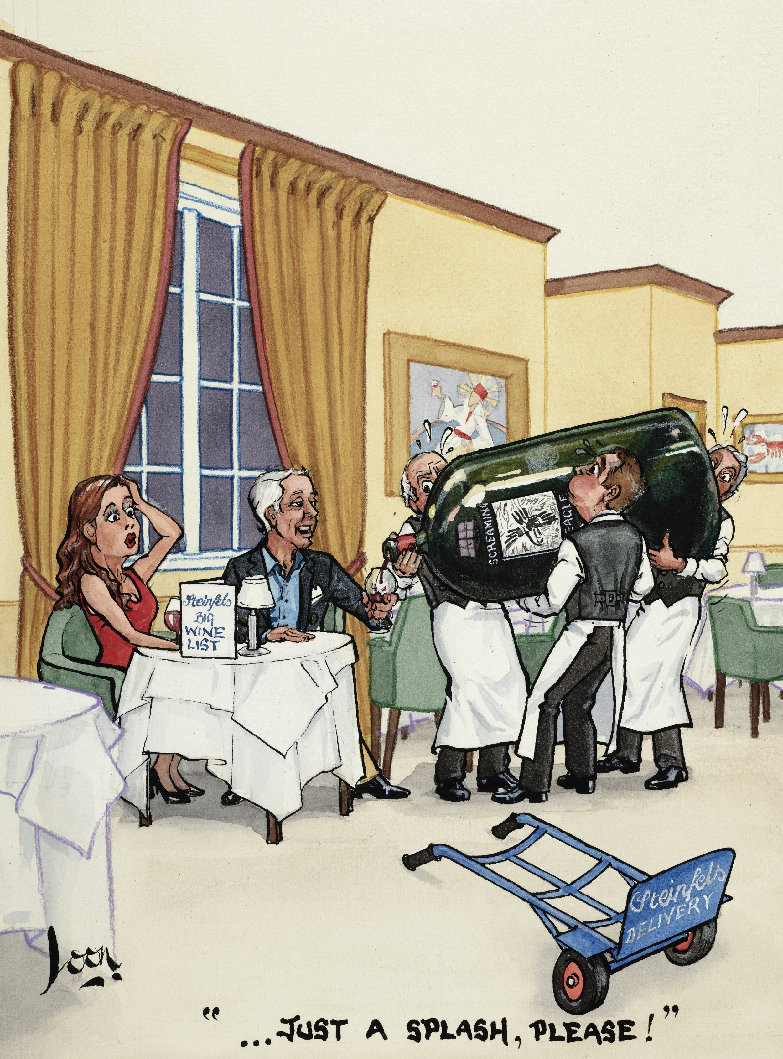 A humorous cartoon showing two women at a restaurant table, with one woman surprised and the other smiling, while staff bring a giant bottle of wine to the table. The table has a sign that says 'Heinel's Big Nine List.' A wagon with a sign that reads 'Groeiner's Delivery' is on the floor. The caption at the bottom reads 'Just a splash, please!'