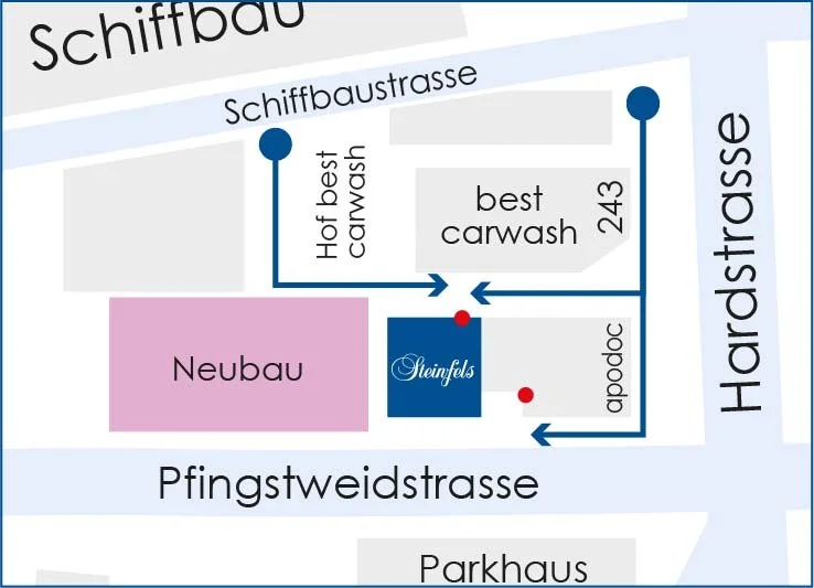 Map showing directions to Steinfelds car wash near Hauptstraße with landmarks including Neubau building, parking house, and streets Schiffbaustrasse, Pfingstweidstrasse, and Hardstraße.