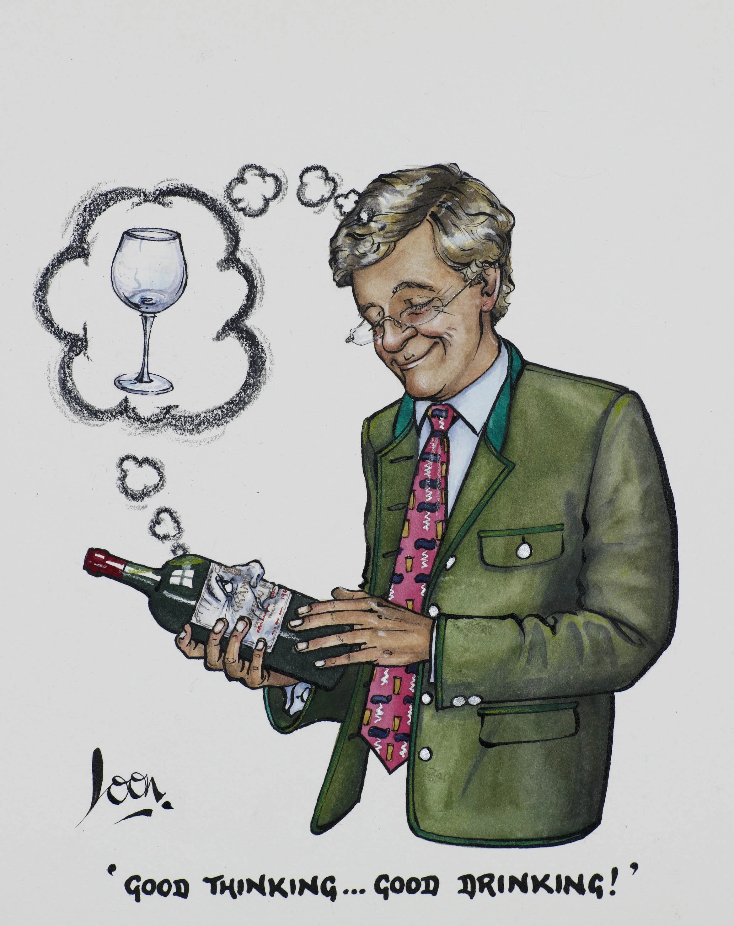 A cartoon man in a green suit with colorful tie, holding a wine bottle and smiling, with a thought bubble of a glass of wine, and the caption 'Good thinking... good drinking!'