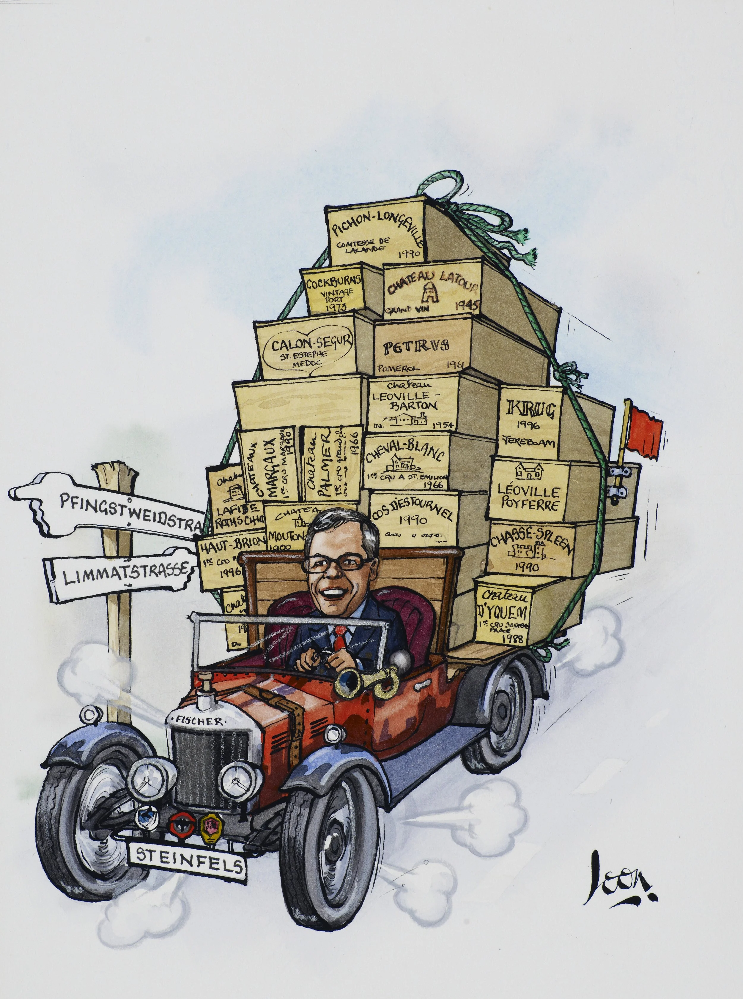 A caricature of a man driving a vintage red car labeled 'STEINELS,' with several street signs and a large pile of wine boxes on a trailer behind him. The signs indicate streets 'PFINGSTWEIDSTRASSE' and 'LIMMATSTRASSE.' The wine boxes have labels with names of wineries and vintage years.