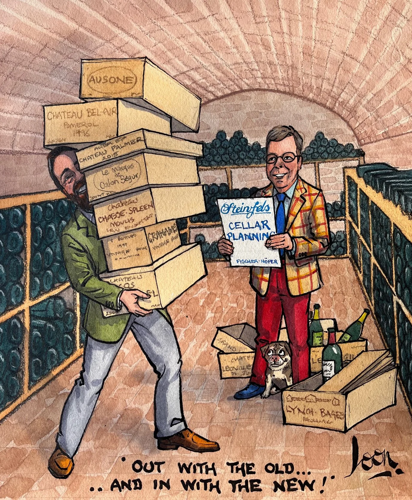 Cartoon of two men in a wine cellar, one holding a stack of boxes labeled with wine names, the other holding a sign that says "Steinfels Cellar Planning". There are wine bottles on racks, a dog at their feet, and boxes with wine bottles on the floor. The caption reads "Out with the old... and in with the new!".