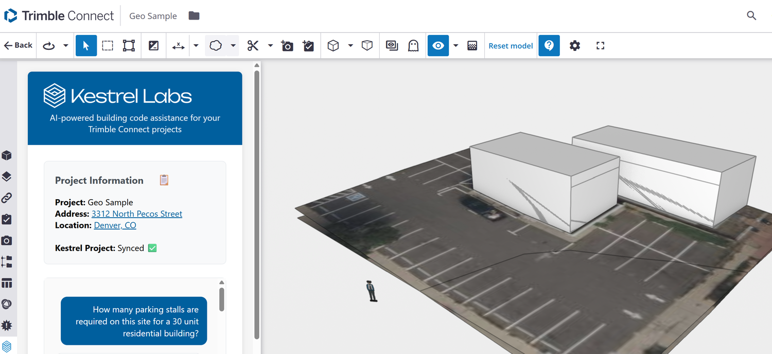 Kestrel running inside Trimble Connect showing building code compliance workflow