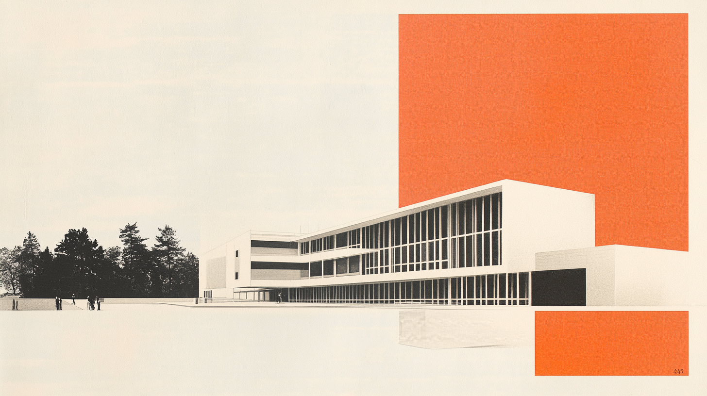 Architectural drawing of a modern multi-story building with large windows, set against a plain background with orange rectangular shapes in the top right and bottom right corners.