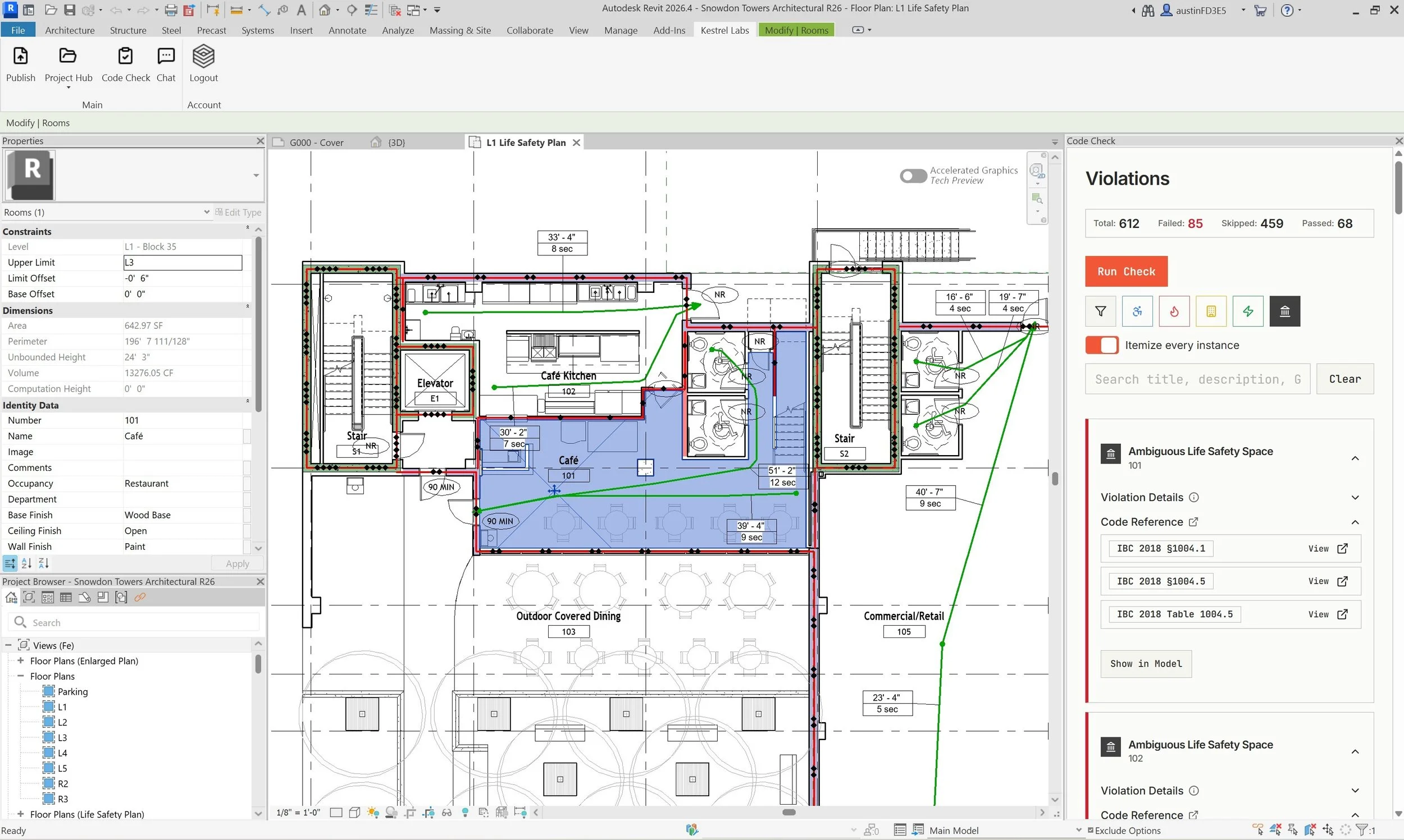 Building code compliance issues identified inside a Revit model during design