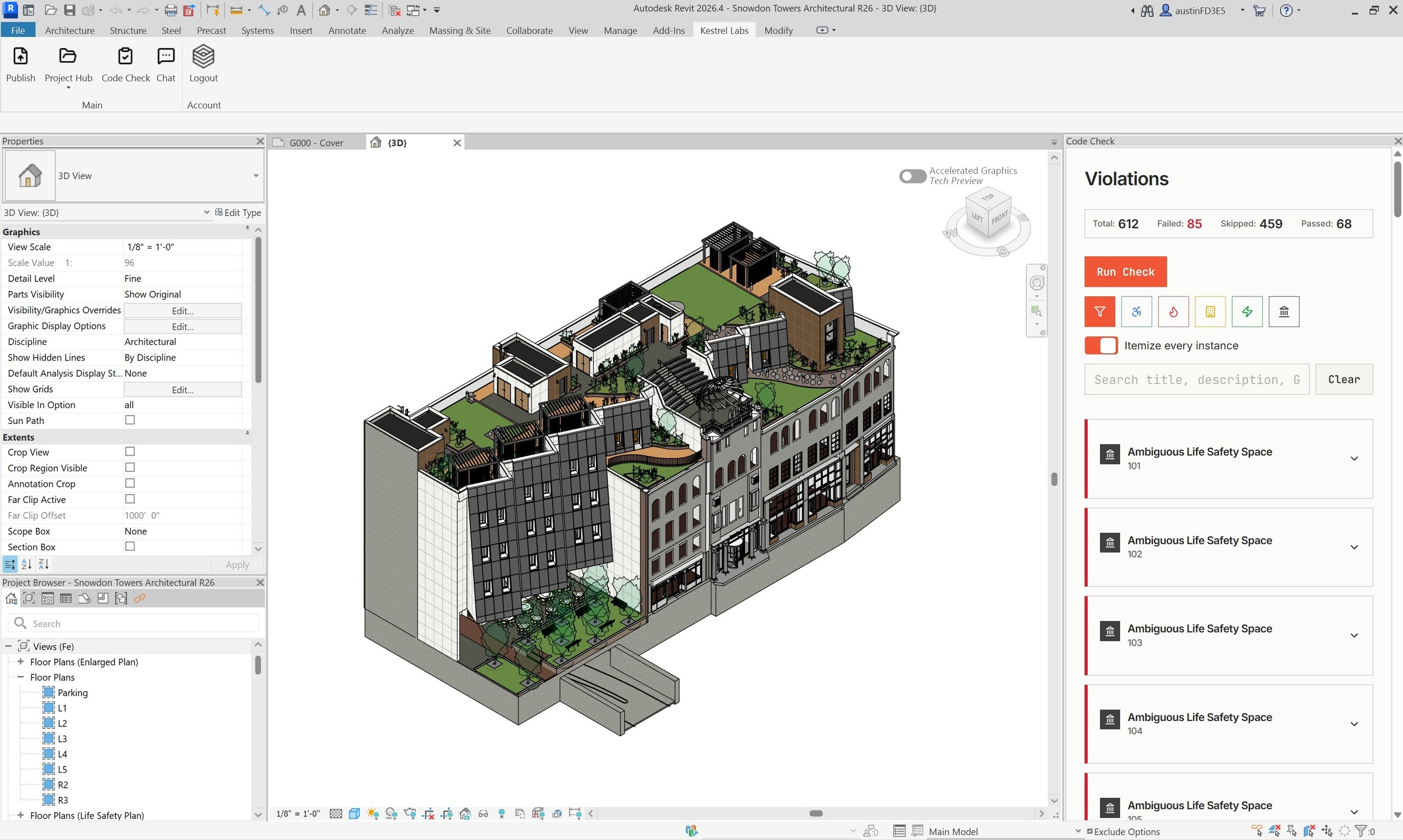 AI system analyzing building code compliance issues within a design model