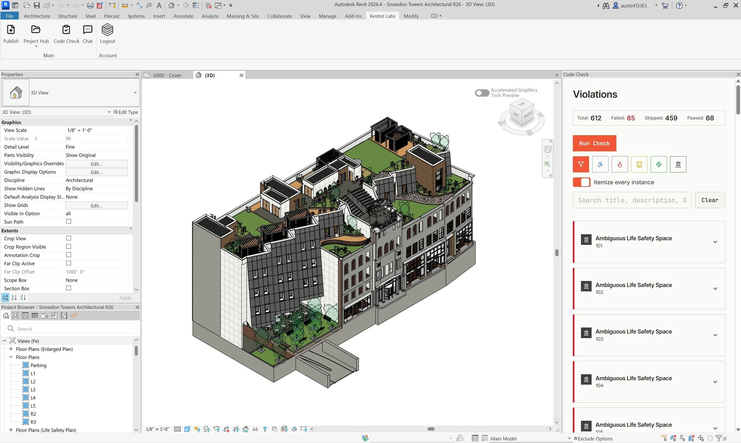 AI building code compliance software analyzing a Revit model with violations